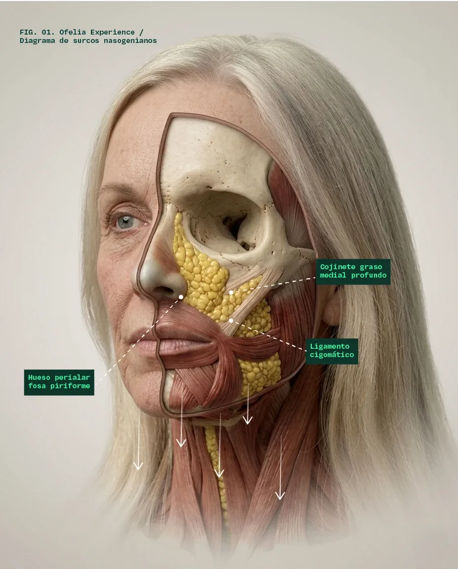 Diagrama anatómico del medio facial que muestra el cojinete graso medial profundo, la fosa piriforme y el ligamento cigomático como estructuras responsables del descenso que marca el surco nasogeniano.