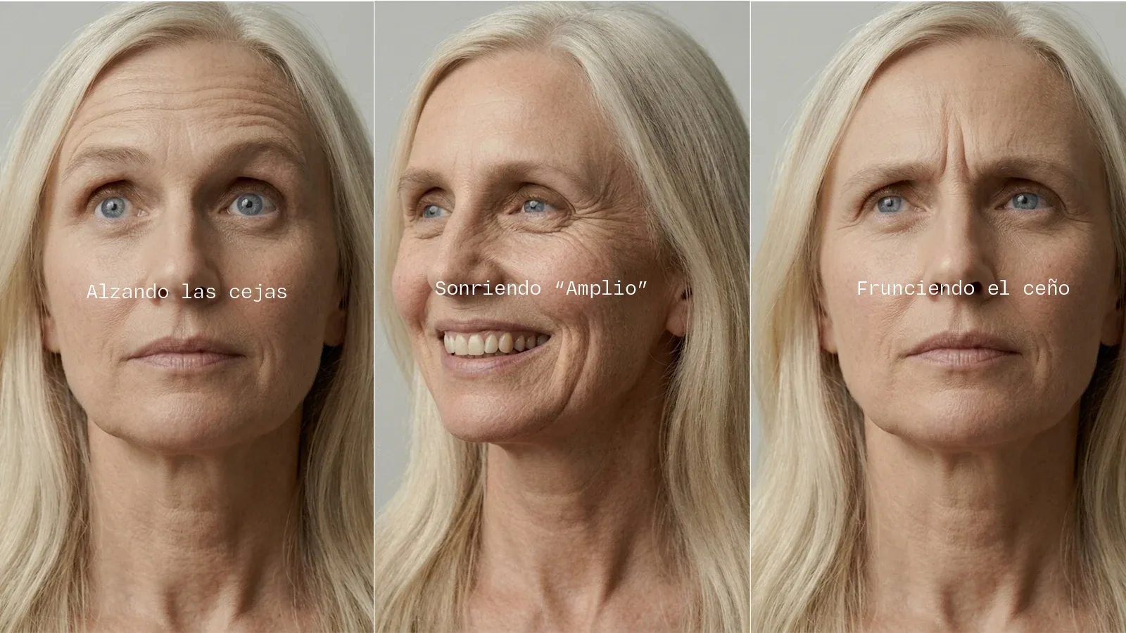 Test casero por tercios faciales: alzar cejas para tercio superior, sonreír para tercio medio, y rostro en reposo para tercio inferior