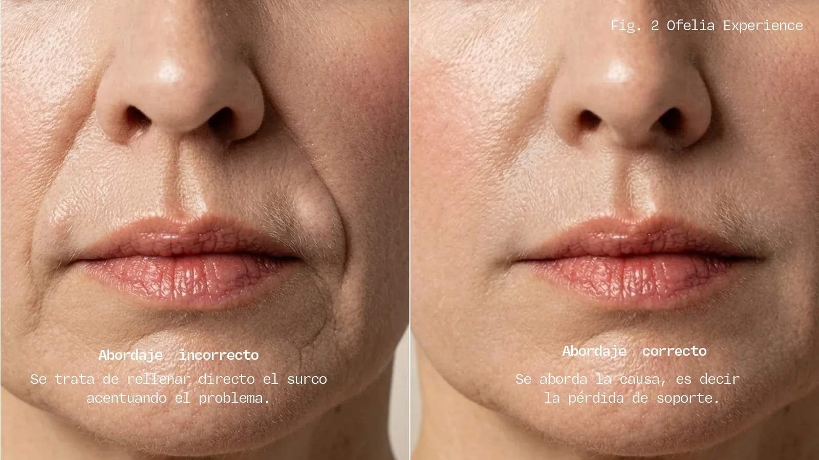 Comparativa ilustrada de surco nasogeniano rellenado directamente con efecto mejillas pesadas frente a surco compensado por inyección en fosa piriforme con medio facial restaurado.