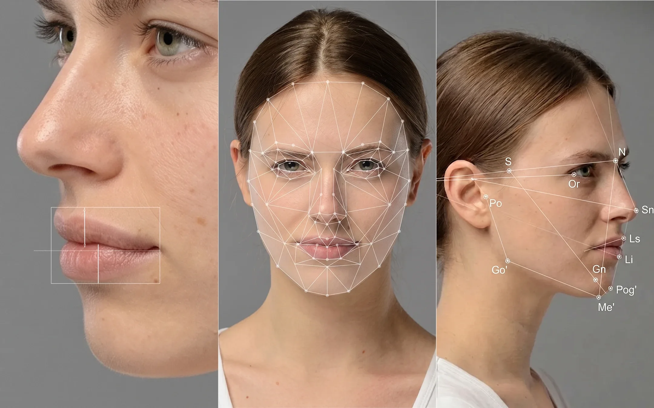 Análisis facial de Ofelia Labs con 468 puntos de referencia — evaluación de proporciones faciales, perfil y proyección de mentón."
